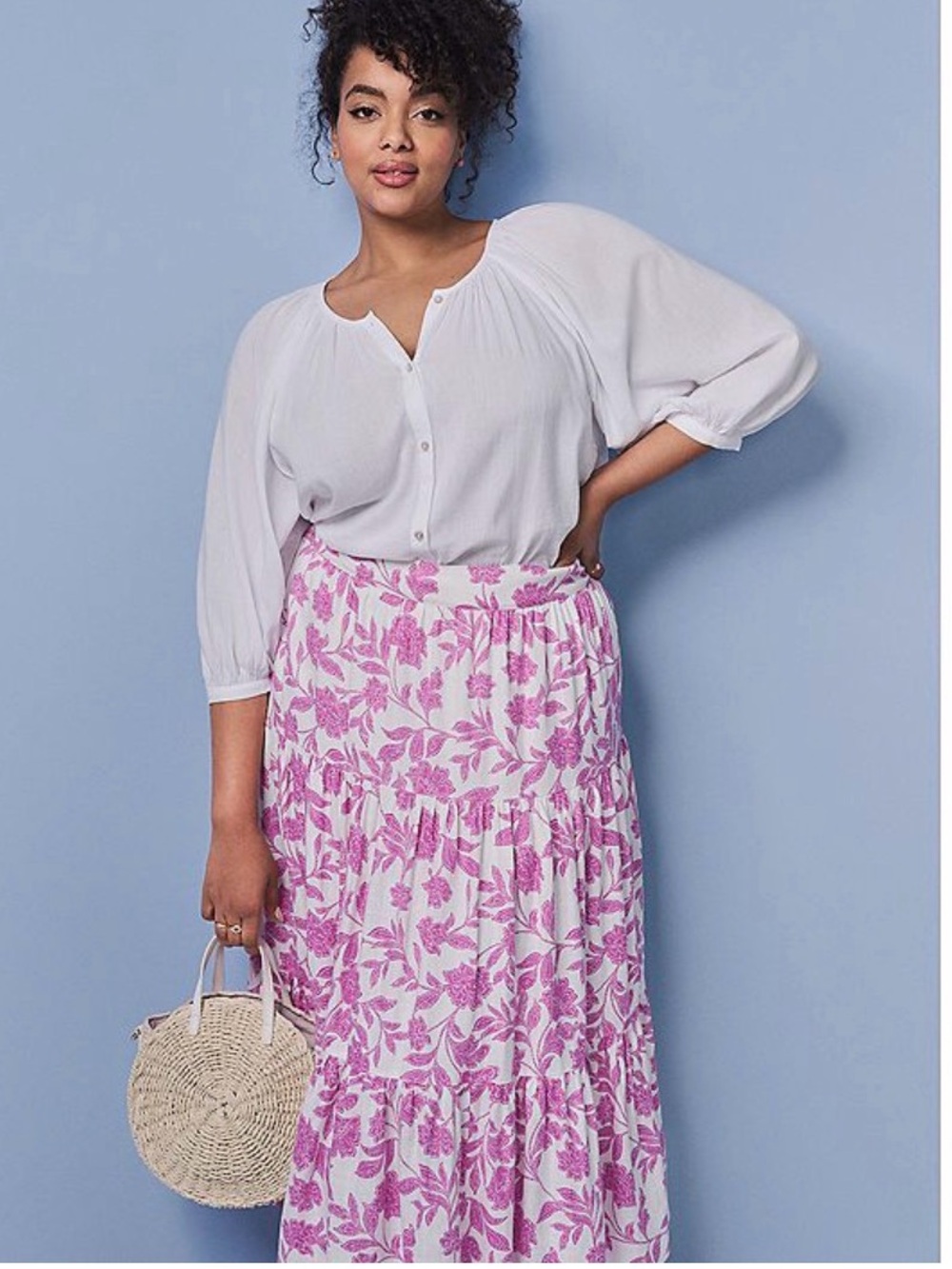 LC Lauren Conrad White and Pink Floral Tiered Midi Skirt